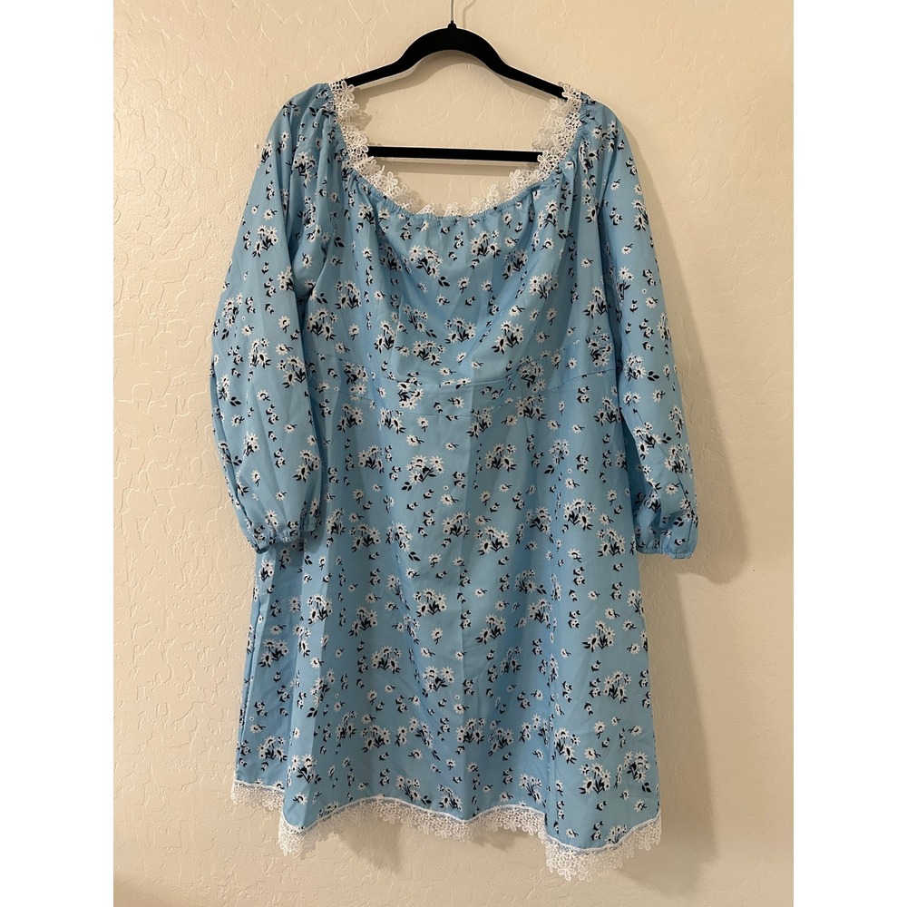 Shein Curve 3XL Blue Floral Lace Trim Mini Dress Long Sleeve Cottagecore Boho - Picture 2 of 15